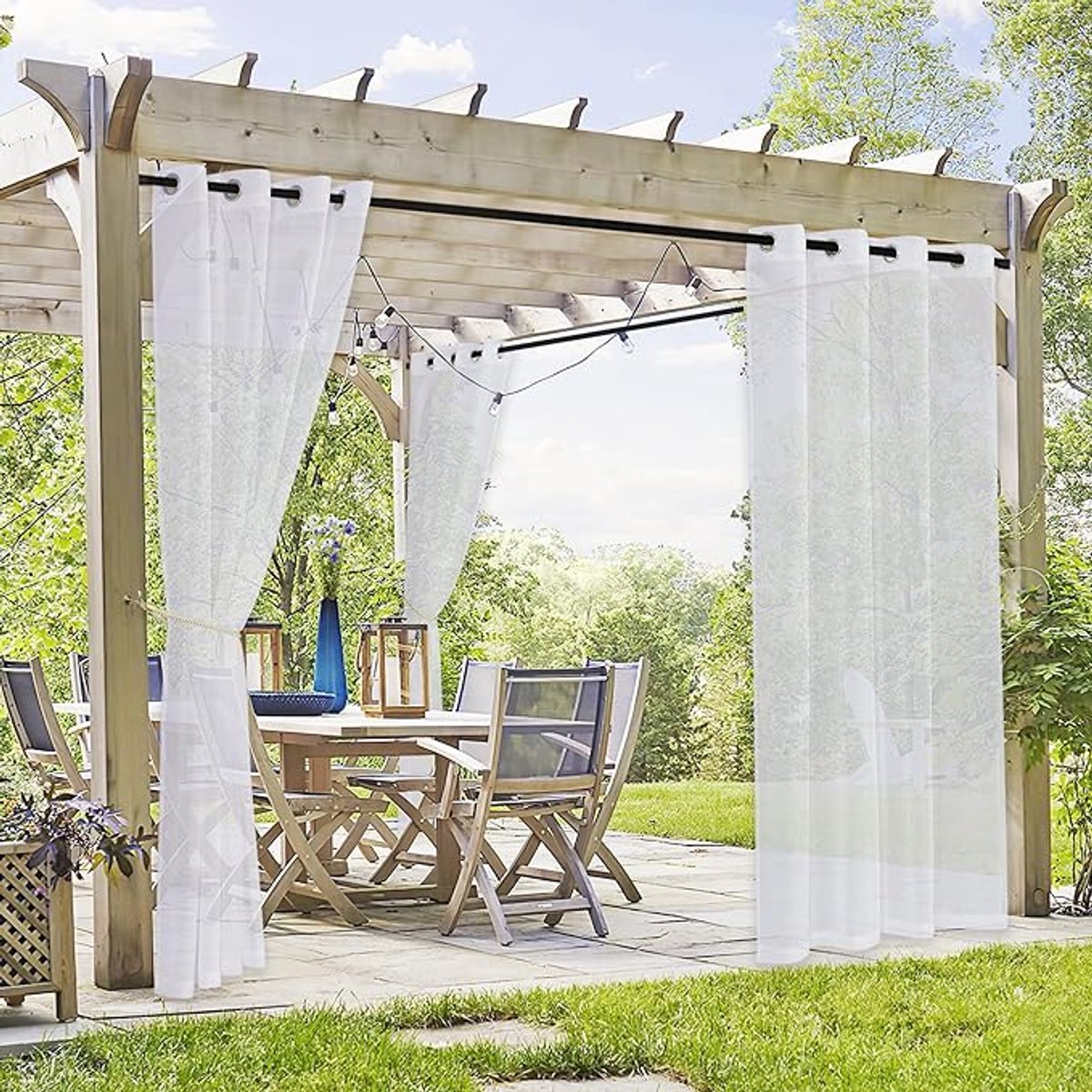 Famanu Buitengordijnen Transparante Kant en Klaar,Lichtfilter,Curtains for Livingroom voor Balkon,Tuin,Terras,Patio,Waterdicht met Ringen,137B x 213H cm (2 Panelen),Wit
