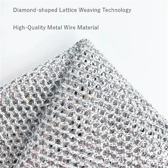 Une éponge argentée avec une technologie de tissage en losanges. 'High-Quality Metal Wire Material'.