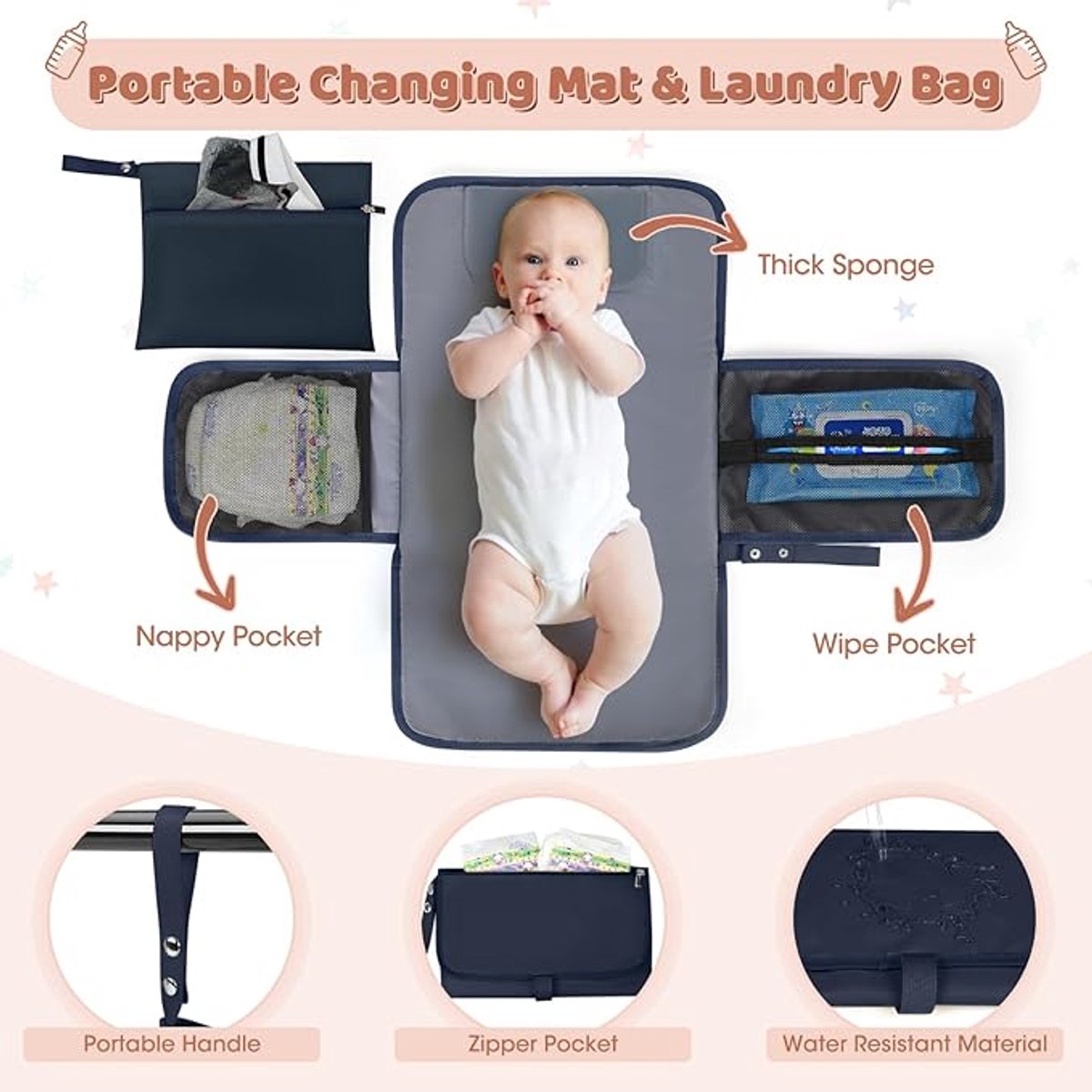 Famanu - Luierrugzak voor baby's, grote luiertas, babytas, rugzak met kinderwagenriemen en luieronderlegger, voor onderweg, blauw – foto 3
