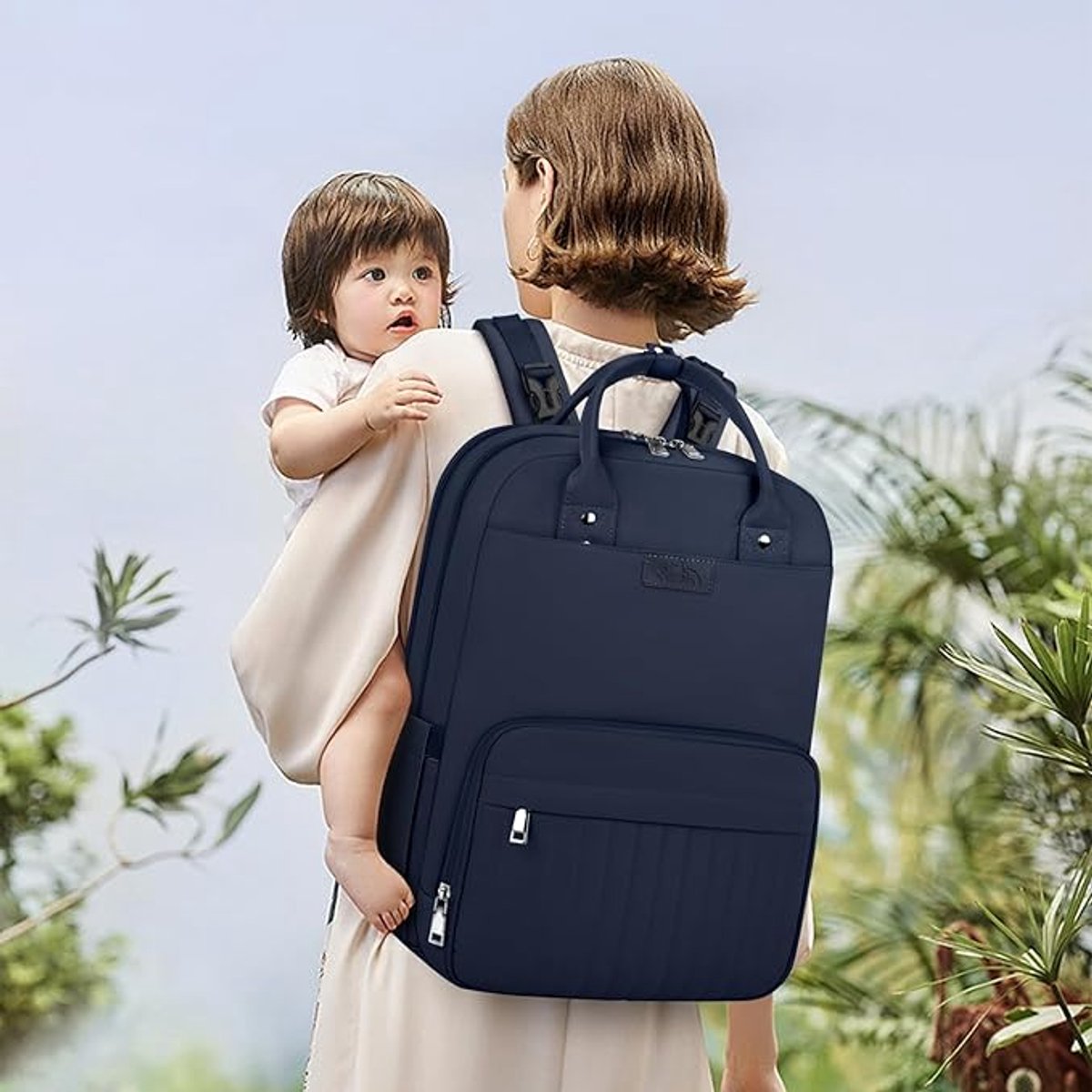 Famanu - Luierrugzak voor baby's, grote luiertas, babytas, rugzak met kinderwagenriemen en luieronderlegger, voor onderweg, blauw – foto 4