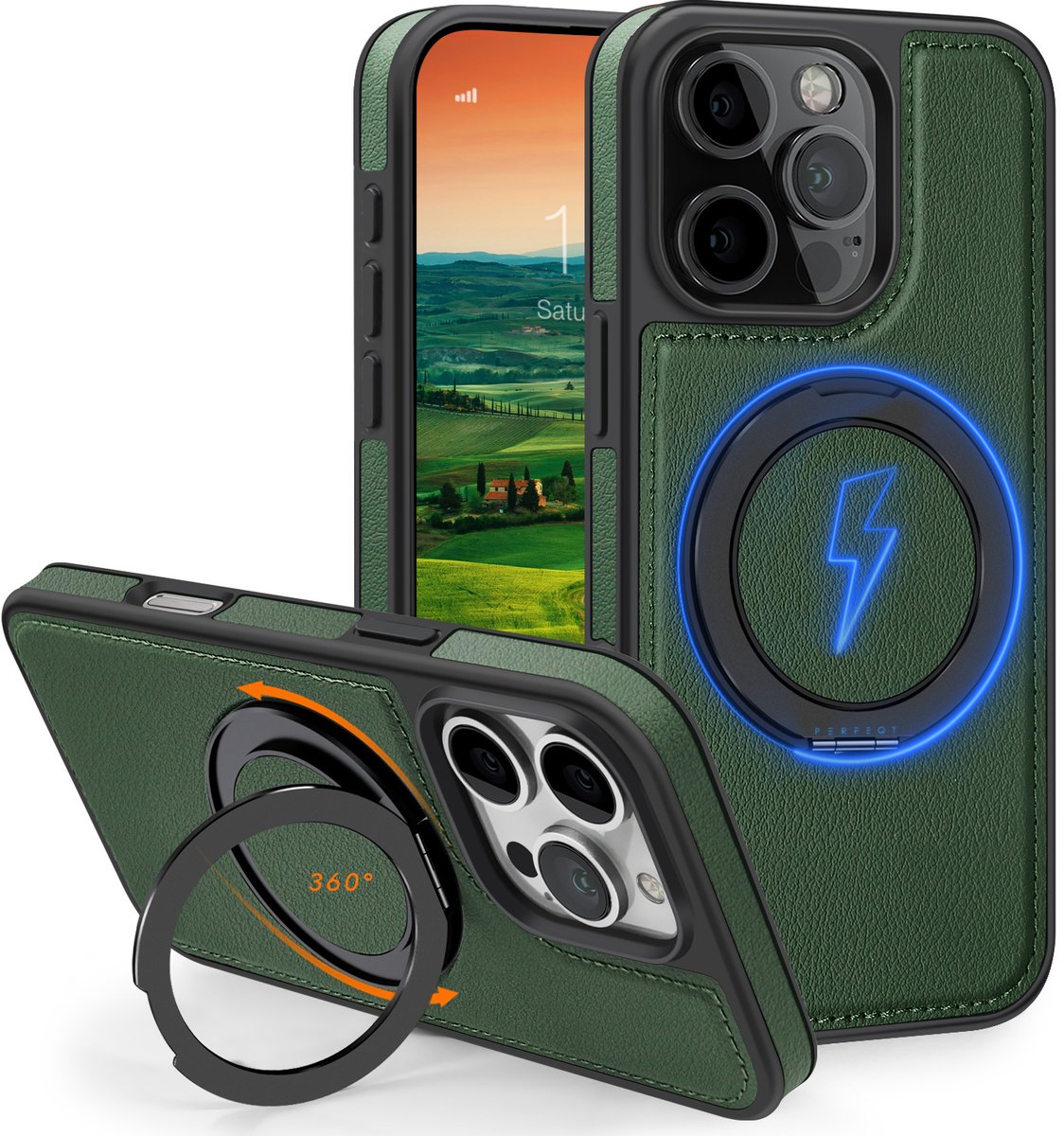 Perfeqt hoesje geschikt voor iPhone 15 Pro Max leren BackCover met 360° Kickstand & Keyring houder - Forrest Green