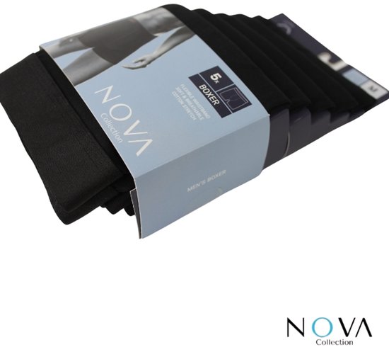 Verpakking van 5 zwarte Nova Collection boxershorts voor heren, met tekst 'MEN'S BOXER'.