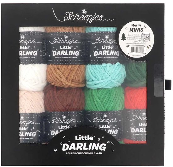 Un emballage fermé de fil Scheepjes Little Darling contenant 12 mini pelotes dans des couleurs comme le blanc, le marron, le vert menthe et le rose.