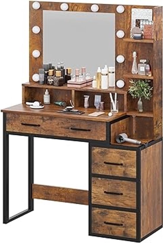 Kaptafel - met spiegel en licht - 92x40x143,5 cm - industrieel