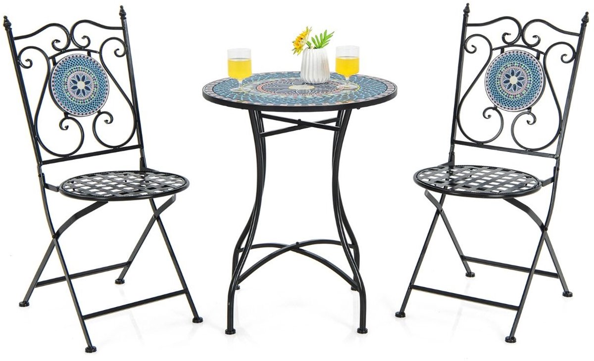 3-delige bistroset met mozaïekpatroon, ronde tafel en 2 klapstoelen in tuinmeubelset.