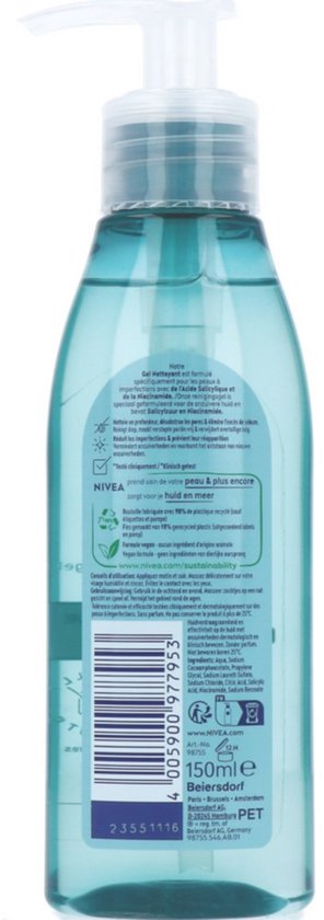 Achterkant Nivea Derma Skin Clear reinigingsgel. Beschrijving met ingrediënten en vegan statement.