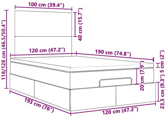 vidaXL - Ottoman - lit - avec - matelas - 120x190cm - velours - gris clair