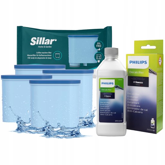 Set van Sillar waterfilters, 4x filterpatronen, 1x Philips ontkalker fles en 1x Philips ontkalker verpakking.