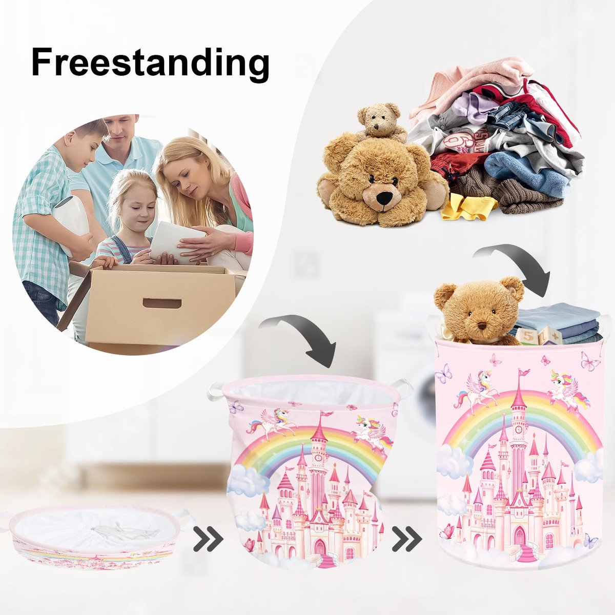 Clastyle 45 l roze teddybeer tulpenbloem kinderwasmand met deksel ronde kleding speelgoed opbergmand voor babykamer, 36 x 45 cm