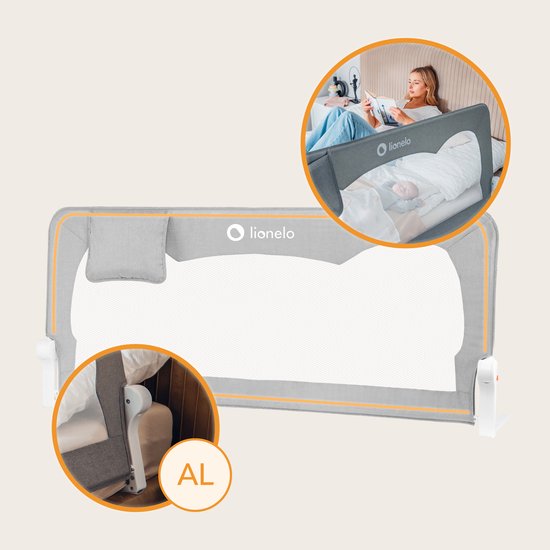 Lionelo Hanna – Barrière de lit 150x66 cm – Abattable à 180° – Cadre en aluminium – SecureBelt & StandSafe – Jusqu’à 27 kg – Filet aéré – Pour matelas jusqu’à 45 cm – Certifié SGS – Facile à monter – Idéal voyage
