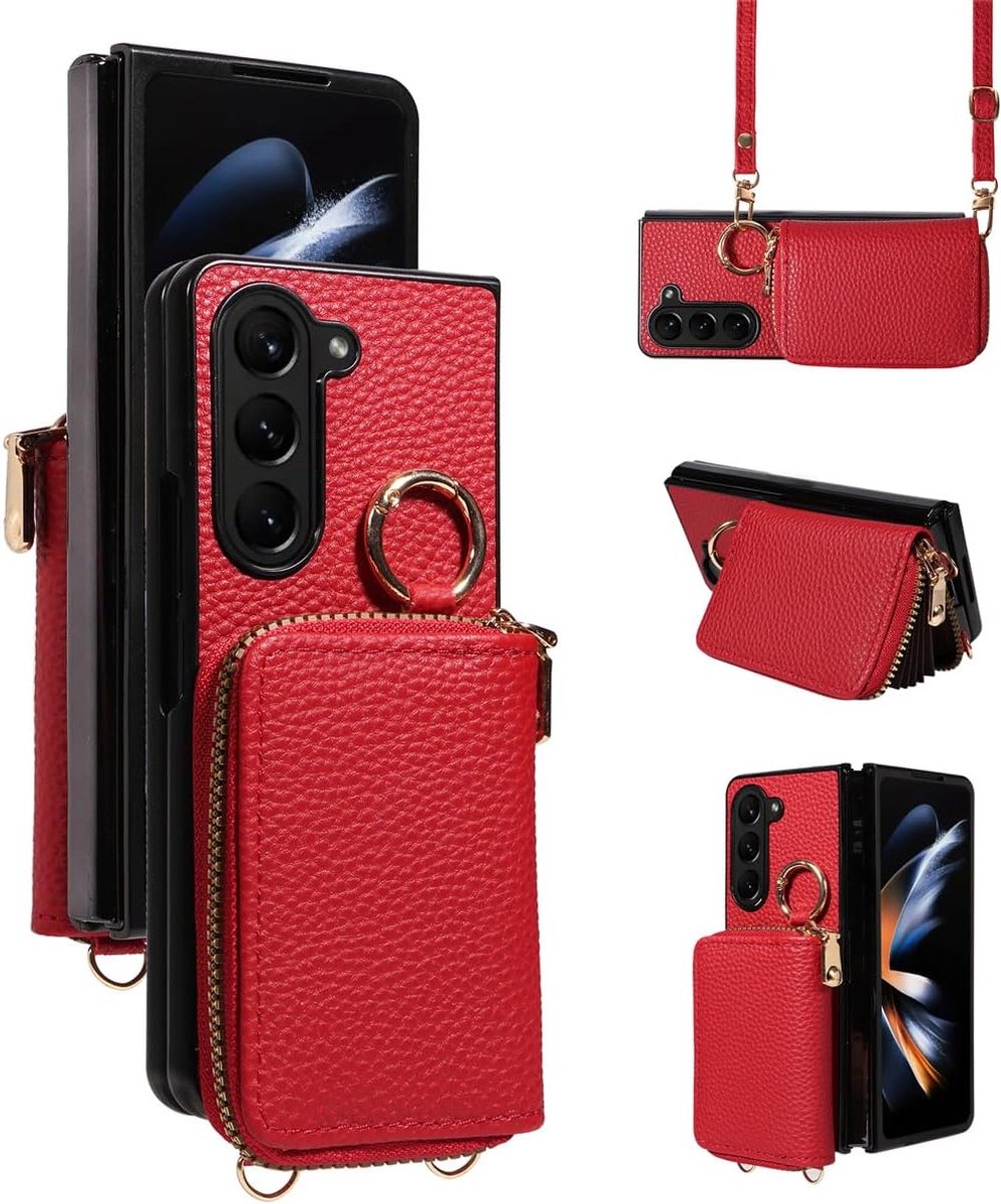 Zandarix Geschikt voor Samsung Galaxy Z Fold 6 5G - Portemonnee lederen hoesje - Met Ring - Kaartsleuf - Flipcase - Book Case Hoesje - Rood