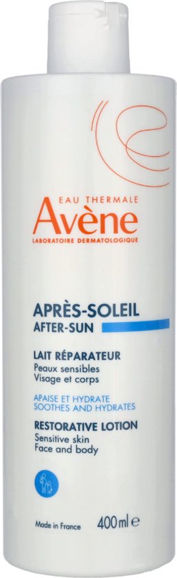 Witte fles Avene After-Sun herstellende lotion, 400 ml, voor gezicht en lichaam.