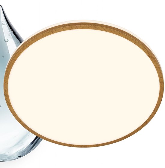 Ronde plafondlamp met houten rand, met een waterdruppel aan de linkerzijde.