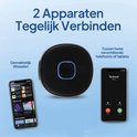 Zwarte ronde Bluetooth-ontvanger met blauwe LED-ring en twee telefoonschermen, één toont belsysteem, ander om te accepteren/afwijzen.