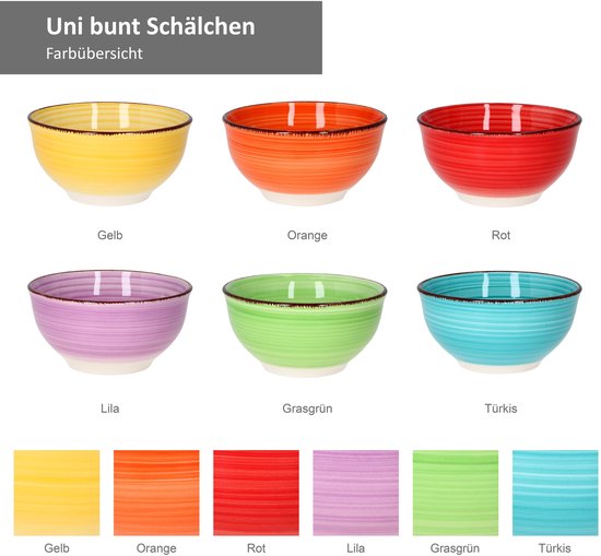 Overzicht van zes Uni Bunt schaaltjes in geel, oranje, rood, lila, grasgroen en turkoois met bijpassende kleurstaaltjes.