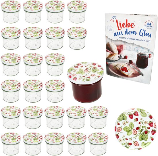 Set van 25 bekers 125 ml jampot inmaakpot Inmaakpot Naar 66 bosaardbeien deksel incl. diamantsuiker geleerspreuk receptenboekje