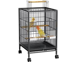 Vogelvolière met Draaiwielen - 46×46×91 cm - 3 Zitstangen + 2 Voerbakken - Afneembaar Rooster & 360° Mobiliteit - Ideaal voor Parkieten