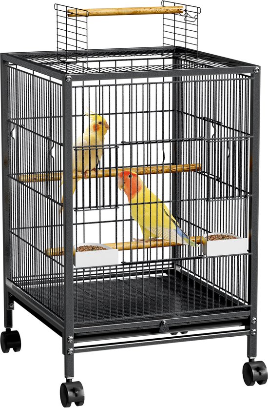 Vogelvolière met Draaiwielen - 46×46×91 cm - 3 Zitstangen + 2 Voerbakken - Afneembaar Rooster & 360° Mobiliteit - Ideaal voor Parkieten