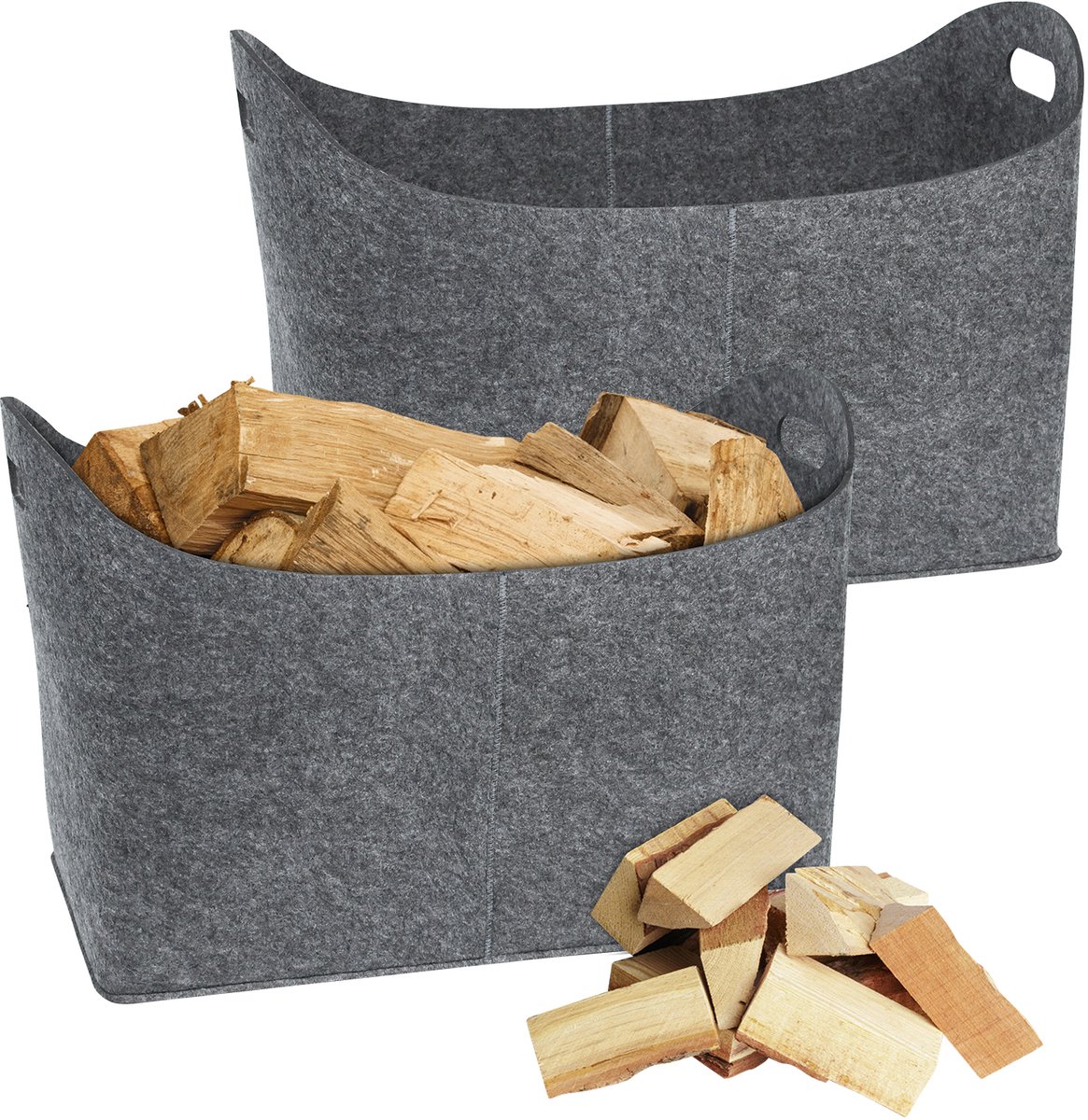 Aufun Tassen Vilten 2x Tassen van vilt, vilten tas shopper, opvouwbaar, brandhouttas voor het opbergen van hout, kranten, brandhout, lichtgrijs, 55 x 30 x 40 cm