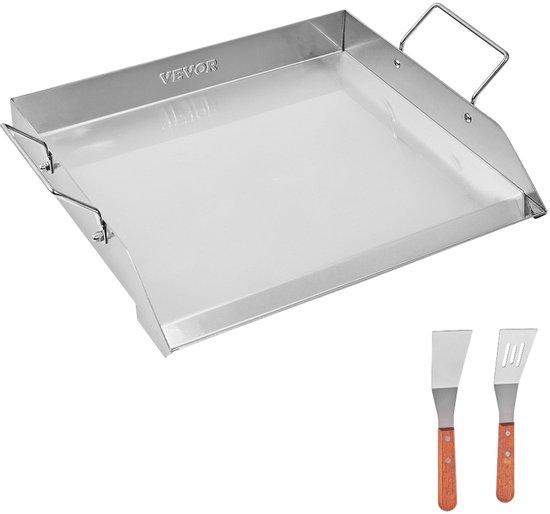 Grillplaat Grillpan RVS Universele Rechthoekige Plaat (425x270mm) met Platte Bovenkant, Gasgrillplaat voor BBQ Grill Teppanyaki, Draagbare Familie Kookgerei met Handvat | NL