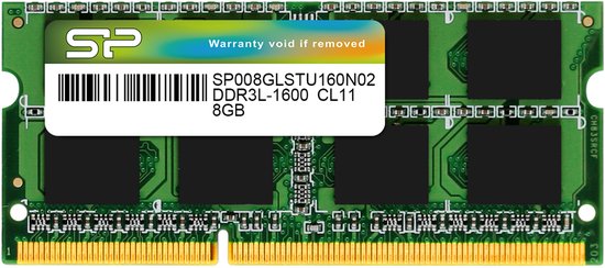 SP 8GB DDR3L 1600MHz CL11 SODIMM geheugenmodule met groene printplaat en gouden contacten.