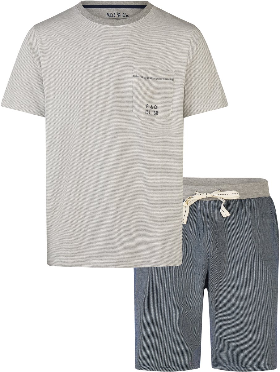 Phil & Co Heren Korte Pyjama Set Shortama Grijs Gestreept/Blauw - Maat XXL