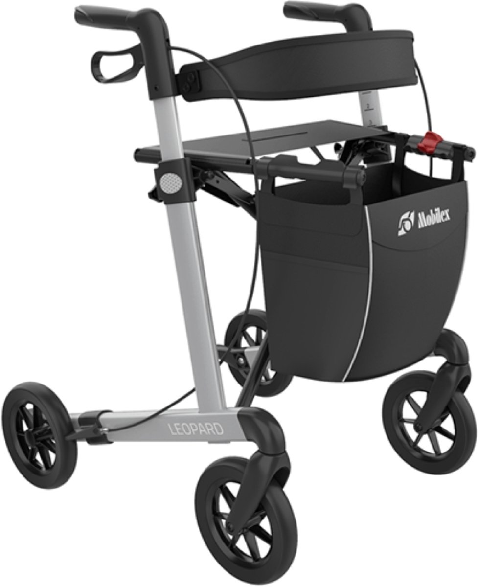 Mobilex Leopard - Lichtgewicht rollator - Comfort banden - Zithoogte 62 cm - Opvouwbaar - Inclusief tas, rugband en stokhouder - Zilver
