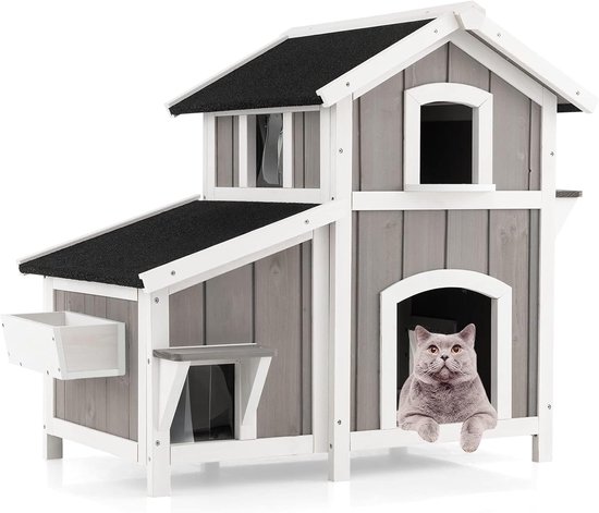 PawHut Outdoor Cat House 2 Levels with Balcony, Weatherproof Cat House with Door, Open Roof, Removable Panel and Floor, 64 x 87 x 76 cm, Grey