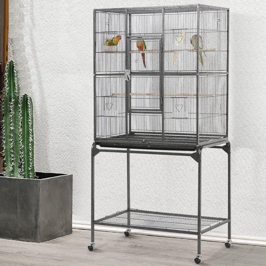 Vogelkooi Volière Parkiet Buiten Binnen Metaal op Wielen Afneembare Houder,met 4 wielen, 47 x 81 x 160 cm, HMTM-BC-10031-BLACK