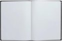 Open zwart notitieboek met blanco, witte pagina's.