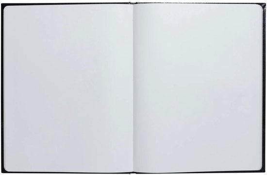 Open zwart notitieboek met blanco, witte pagina's.