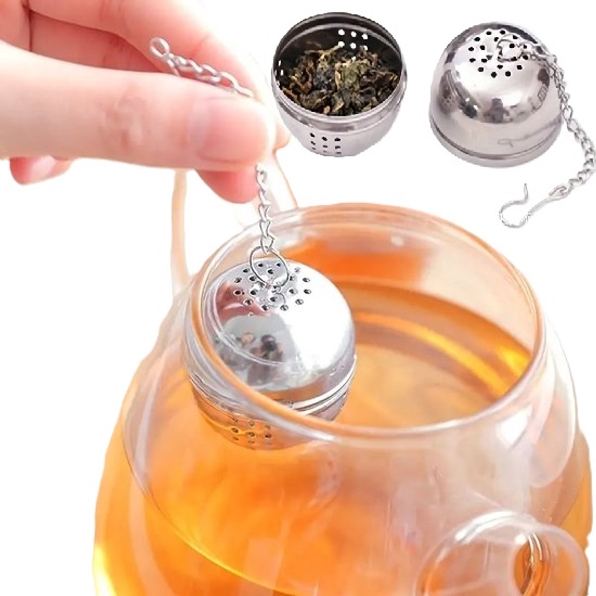 RVS Theezeef Met Ketting I Ronder Theefilter I Thee-Ei I Theefilter Mannetje I Theebol I Kruidenbol I Kruiden infuser