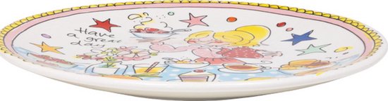 Assiette avec femme blonde, texte 'Have a great day', fruits et pâtisseries. Bordure jaune et rose.