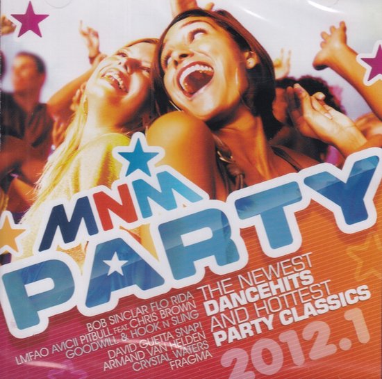 Twee lachende vrouwen op een feest, met 'MNM Party 2012.1' logo.