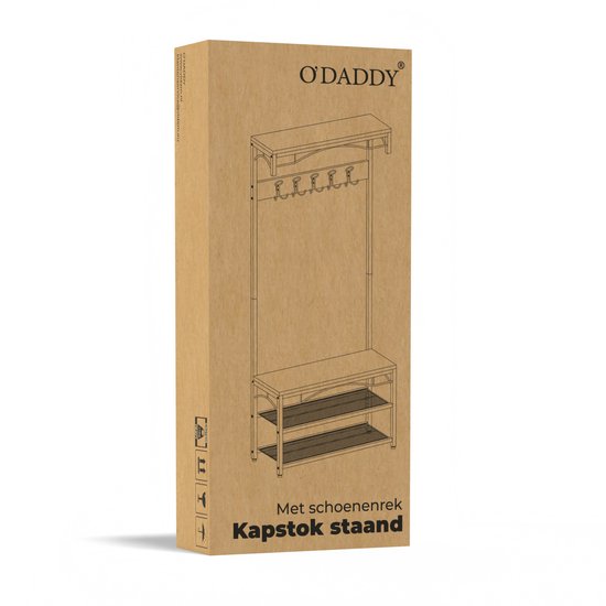 O'DADDY staande kapstok met schoenenrek in bruine kartonnen verpakking.