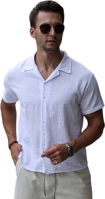 Heren linnen shirts casual Henley T-shirt zomer strand effen kleur korte mouw shirt, Kaki, XXL