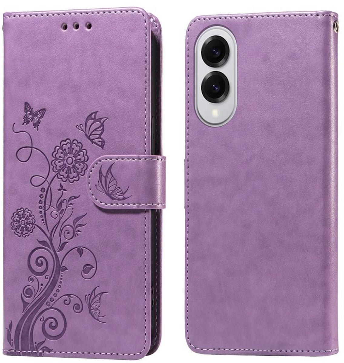 Mobigear Telefoonhoesje geschikt voor Samsung Galaxy S25 Edge Hoesje | Mobigear Flowers Bookcase Portemonnee | Pasjeshouder voor 3 Pasjes | Telefoonhoesje voor Pinpas / OV Kaart / Rijbewijs - Paars