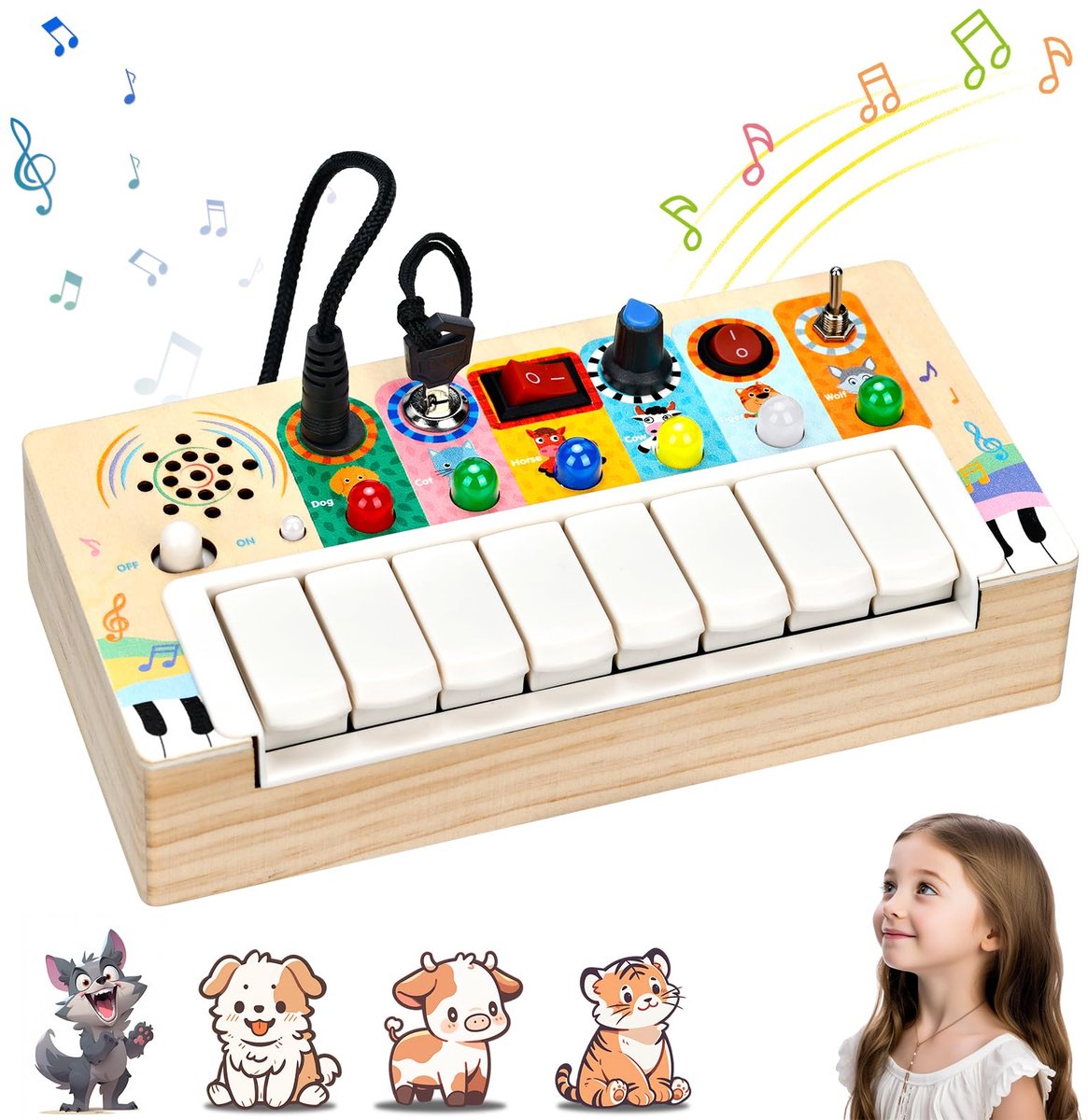 Kraftverdia® - Montessori speelgoed - Busy board - Kinder keyboard speelgoed - Piano - Educatief speelgoed voor jongens en meisjes - Vanaf 1 jaar met muziek, LED-lichtschakelaar activiteitenbord - Cadeau