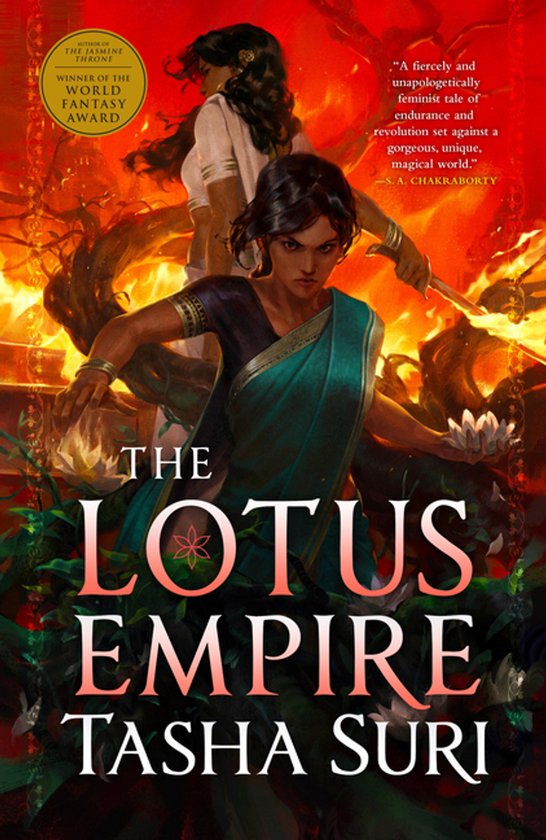 Boekomslag: 'The Lotus Empire' door Tasha Suri. Twee vrouwen in traditionele kleding met lotusbloemen. Winnaar World Fantasy Award.