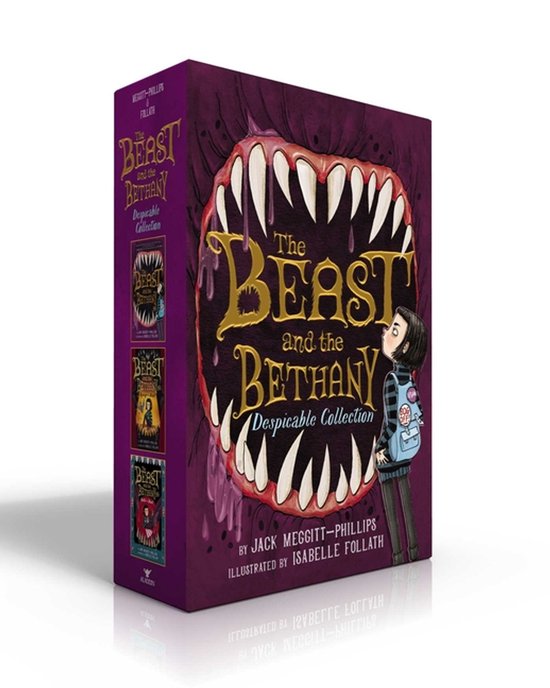 De 'The Beast and the Bethany Despicable Collection' boxset met een meisje dat naar een grote, enge mond kijkt. Deel van de Despicable Collection.