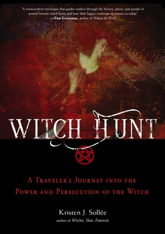 Boekomslag "Witch Hunt": Abstract rood en bruin patroon boven de titel "WITCH HUNT" met een pentagram.