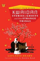 Boekomslag van Kwaidan: Stories of Ghosts and Other Strange Things, met een rode achtergrond, een boom met bloesems, een muzikant en gele vlinders.