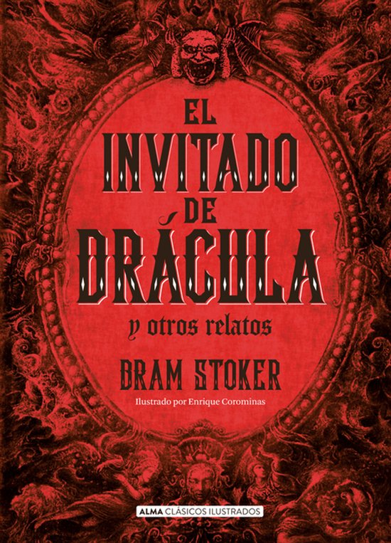 Boekomslag van 'El Invitado de Drácula y otros relatos' van Bram Stoker, met een gedetailleerd rood decor en een duivelse afbeelding bovenaan.