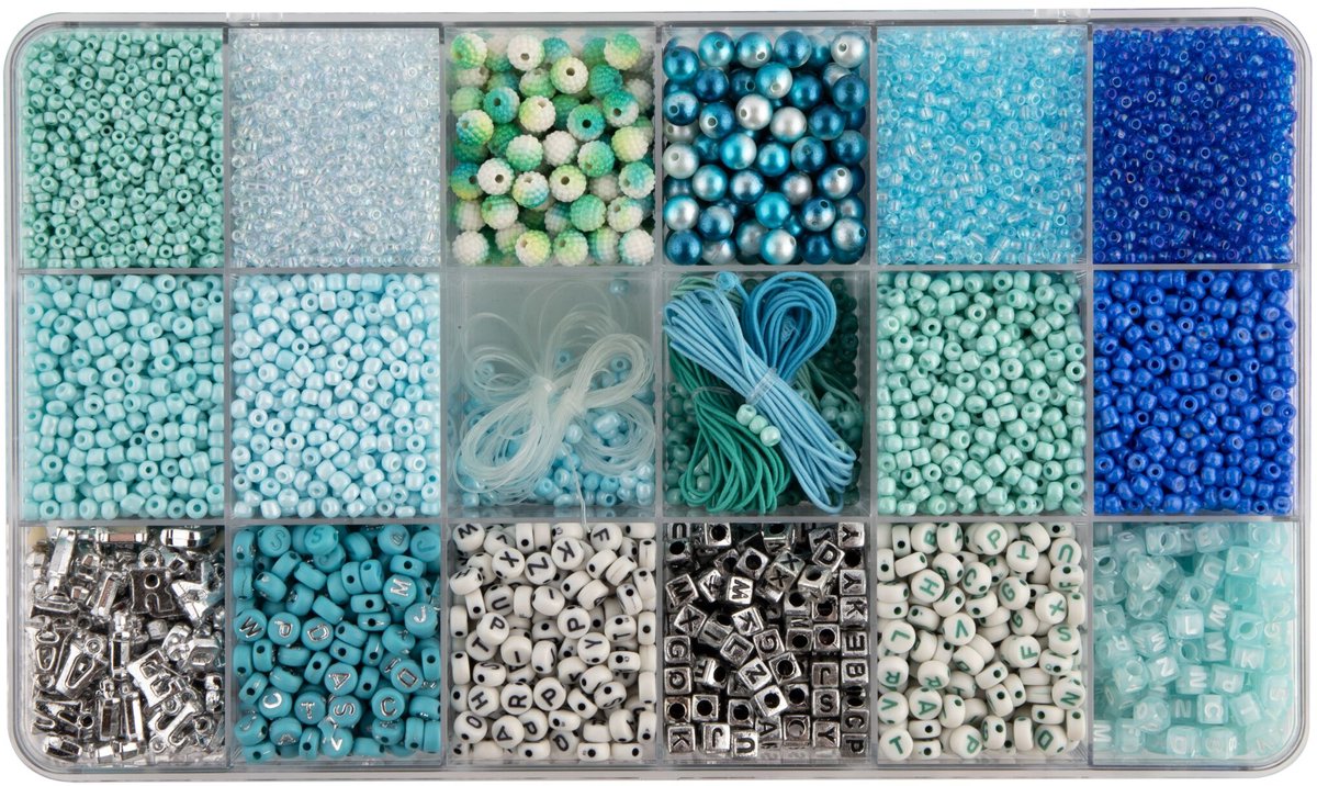 Luxe Armbandjes maken Meisjes Kralenset 10.000pcs - Blue Breeze Magic - ABC Beads, Glass Beads en Elastiek - Opbergdoos 27x16x4cm - Joya Creative — afbeelding 5