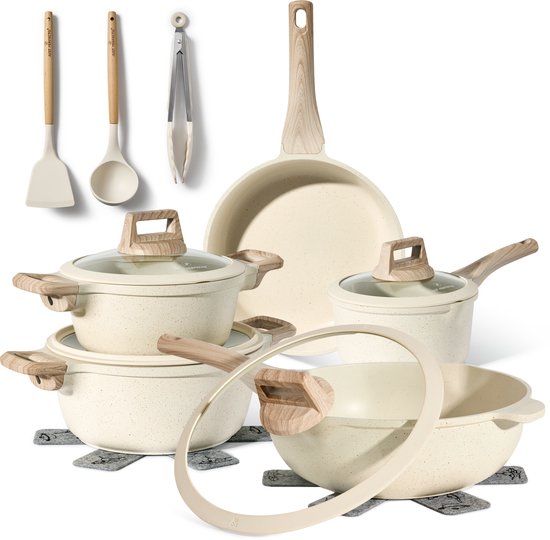 Just Perfecto 14 Delige Pannenset Inductie - Beige Pannenset Met Deksel Voor Gas en Inductie - PFAS vrij - Koudgrepen
