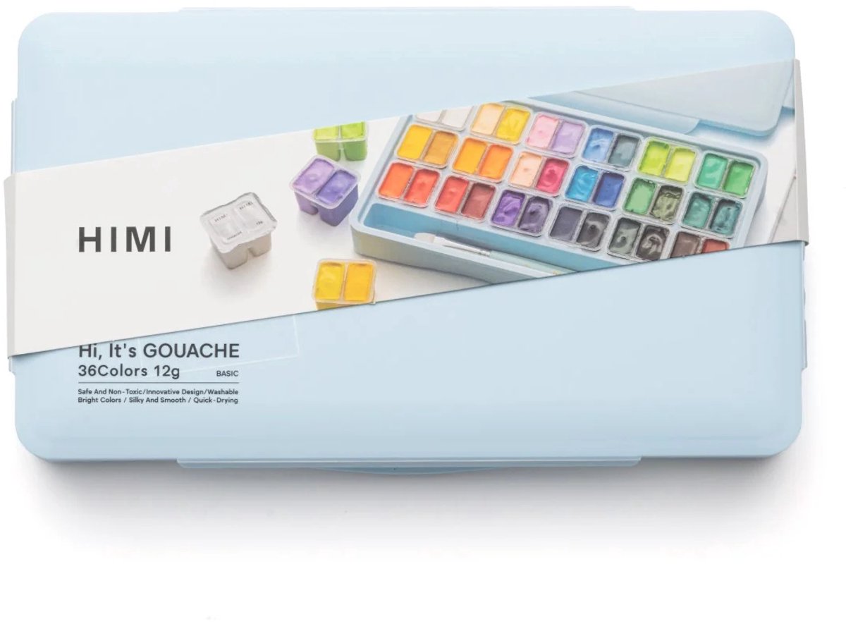 HIMI - Gouache - Twin split cups - set van 36 kleuren - 12g - 3 penselen - Ice Blue — afbeelding 16