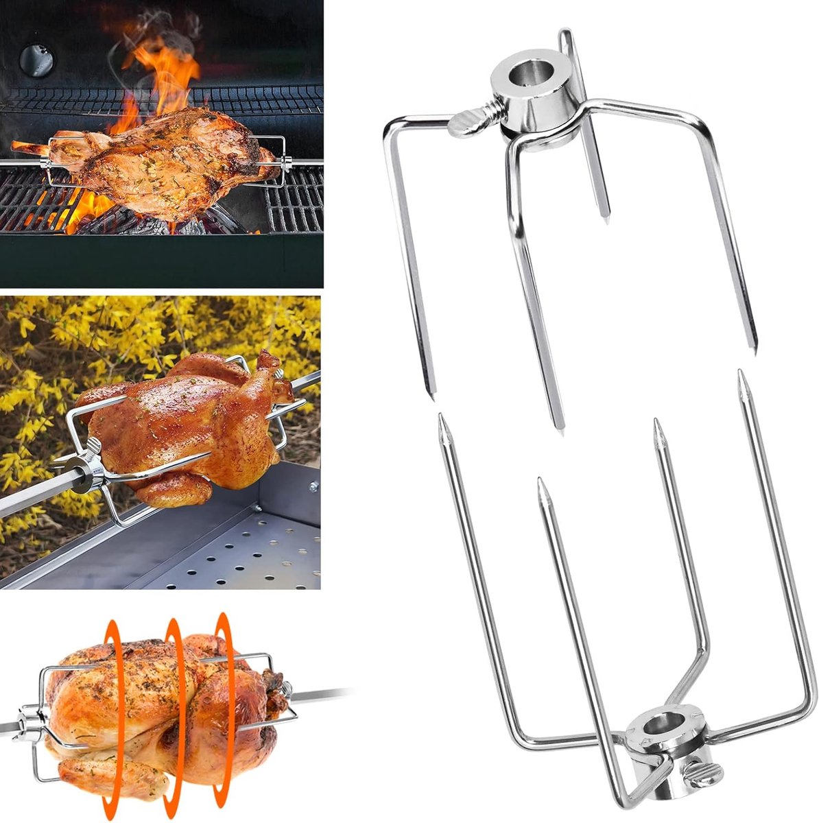 Aufun Vleesklem voor draaispit accessoires set van 2 roestvrijstalen vleesnaalden voor draaispit, kip, shish kebab en nog veel meer