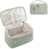 Trousse de maquillage pour femme - Grande trousse de Maquillage verte avec compartiment pour pinceaux - Trousse de toilette en cuir synthétique - Organiseur de Maquillage de voyage