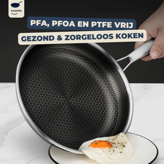RVS koekenpan met honingraatpatroon, met een hand die de pan vasthoudt, vrij van PFAS, PFOA en PTFE.
