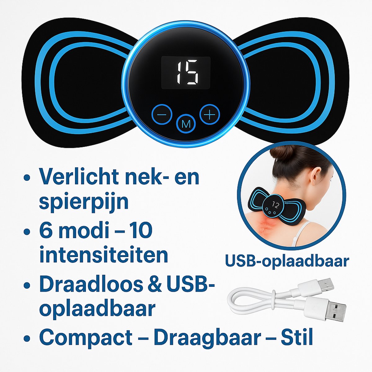 Afbeelding 3 van EMS Massage Apparaat-massage- TENS -10Stuks- Spierstimulatie - Stimuleert Bloedsomloop - Geschikt voor Rug, Armen en Benen - Draadloos - 54 standen - Zwart/Blauw